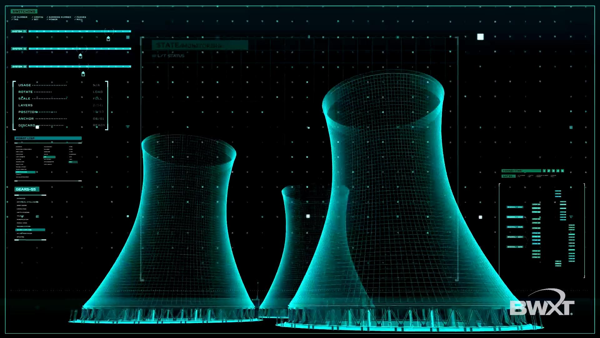 A futuristic-digital rendering of nuclear cooling towers with a high-tech overlay, featuring data panels and the BWXT logo in the bottom right corner.